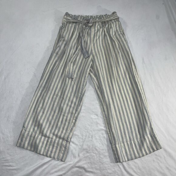 Madewell Huston Crop Pants Blue White Stripe Linen Blend Wide Leg Tie Waist Sz M - Picture 2 of 10